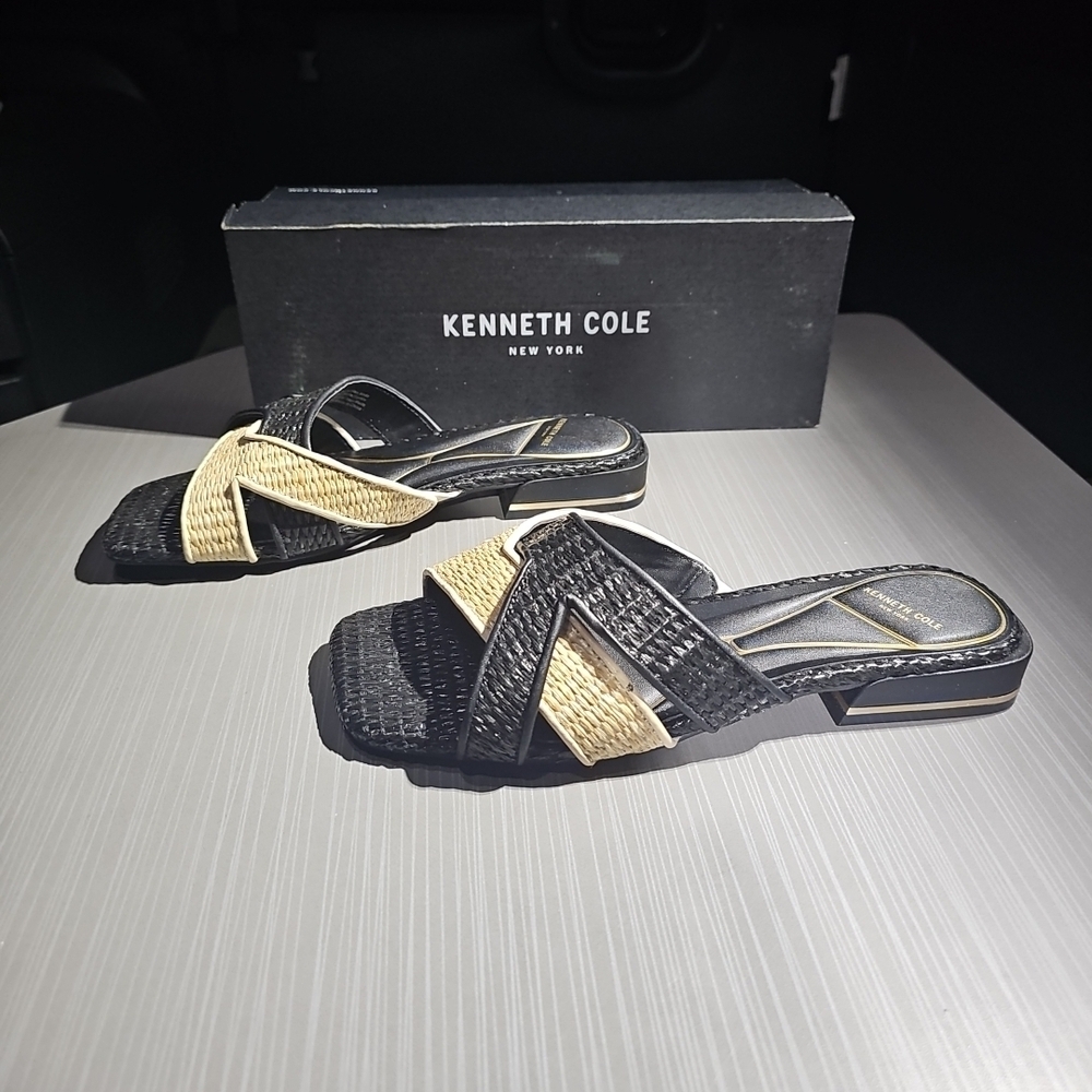 Kenneth Cole Issa Raffia Two Tone Black Natural‎ Slides Sandals Women's 8M NEW